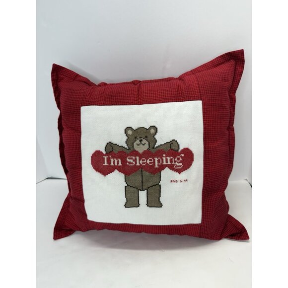 Vintage Cross Stitch Red Throw Pillow Teddy Bear “I’m Sleeping” Nursery 16” - Picture 1 of 8